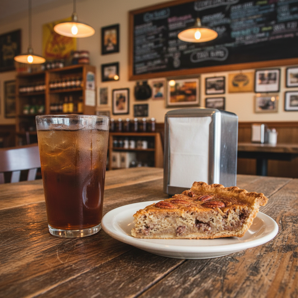A close-up, photographic view of a weathered wooden table inside a locally owned East Central Mississippi café, featuring a neatly arranged setting: a clear glass of sweet tea with condensation beads, a ceramic plate with a slice of homemade pie, and a paper napkin dispenser with a brushed metal finish. The table’s worn grain and slight scratches tell of years of community conversations. Warm pendant lights overhead cast a gentle amber glow, creating soft highlights on the glass and plate while leaving the background—blurred shelves, a chalkboard menu, and local memorabilia—slightly out of focus. Shot with shallow depth of field from a seated-eye perspective, the mood is cozy, authentic, and quietly nostalgic, perfect for business reviews and local food features.